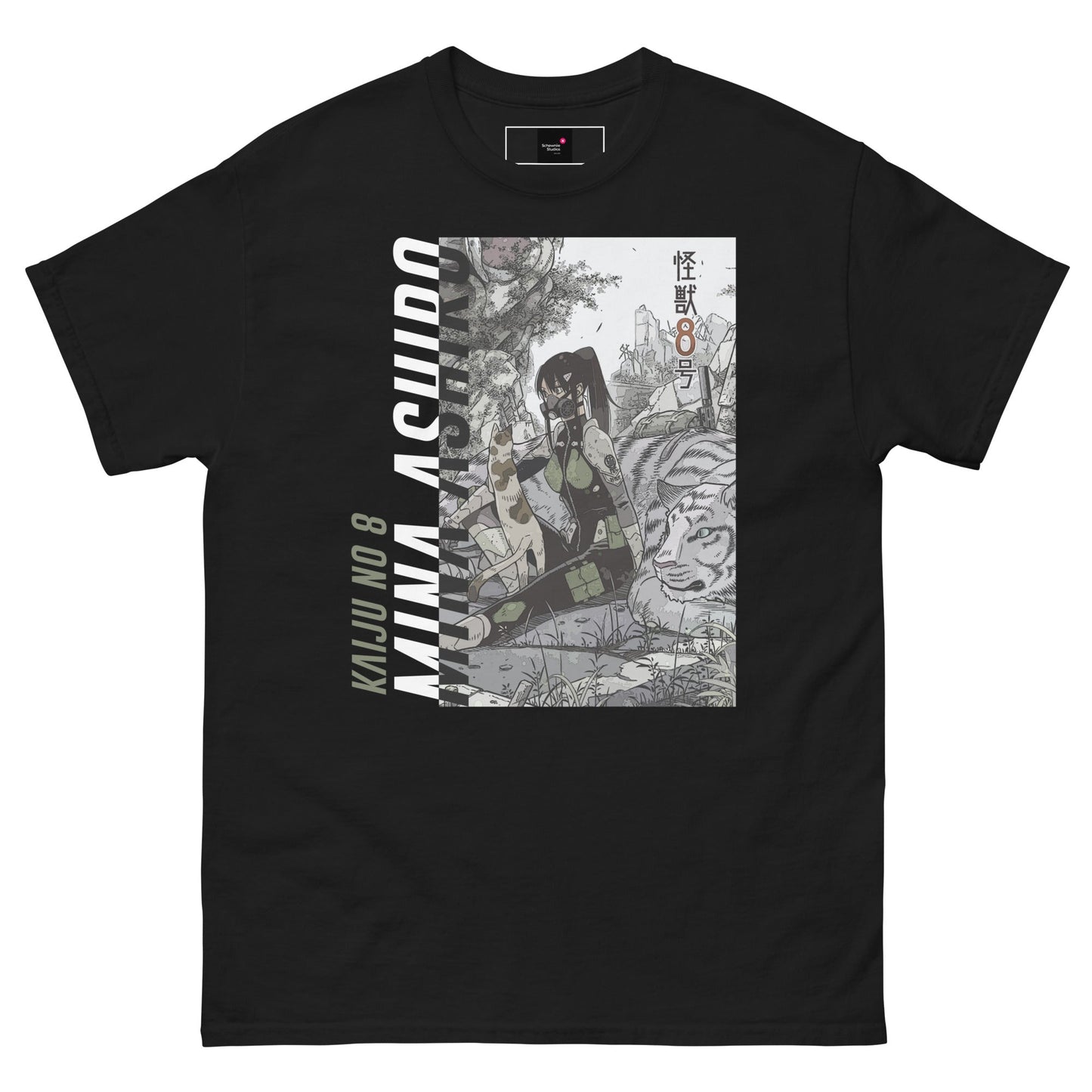 Black Mina Ashiro Shirt featuring manga-style illustration from Kaiju No. 8 with character and tiger design.