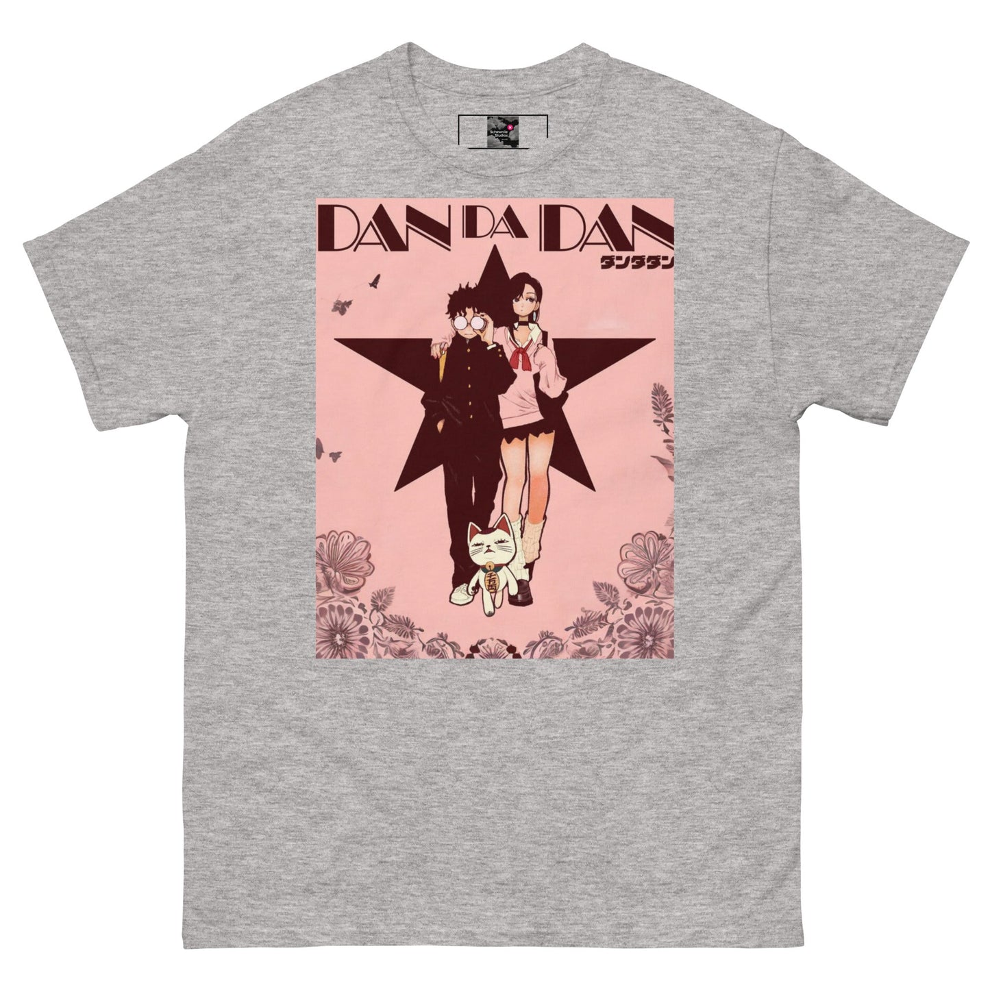 Grey t-shirt featuring Momo and Okarun anime characters with a large star and floral design on a pink background