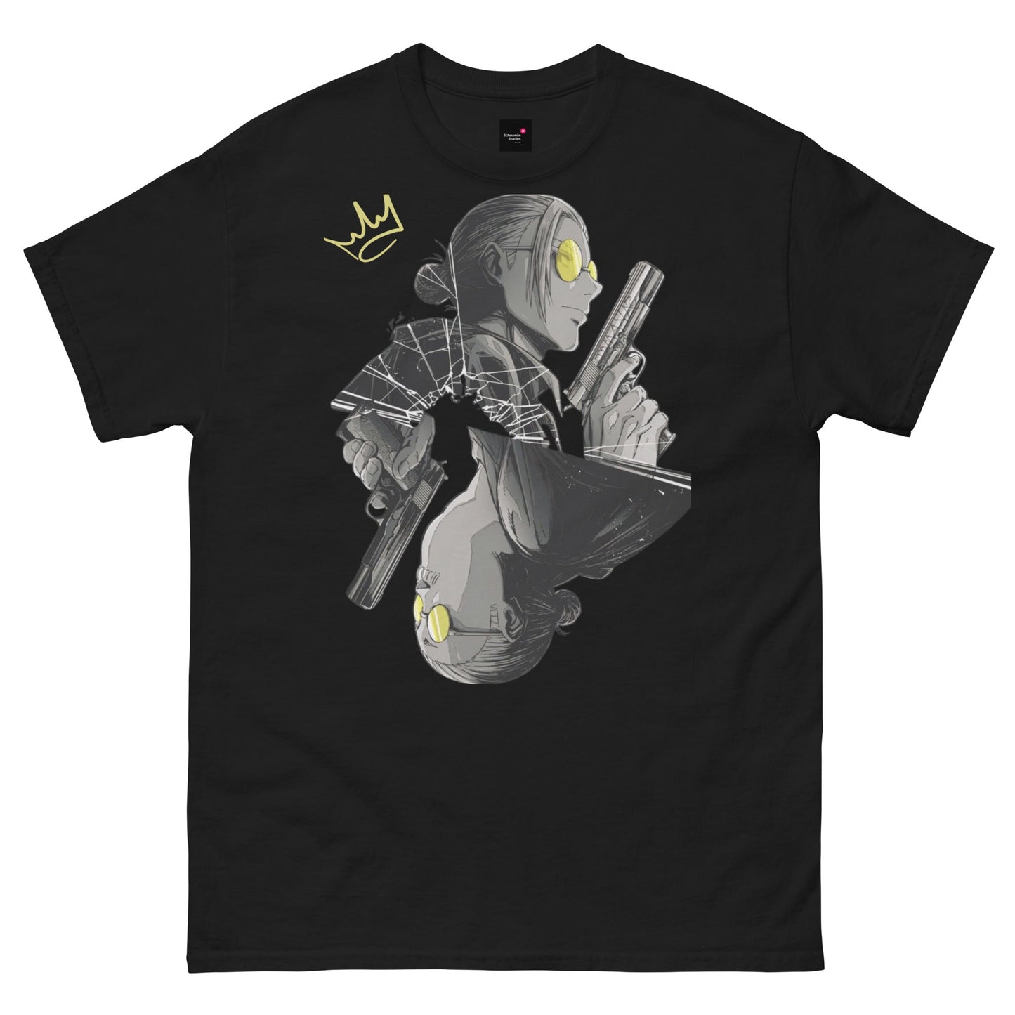 Black Taro Sakamoto T-Shirt featuring dual-profile graphic of the character holding guns and yellow crown design.