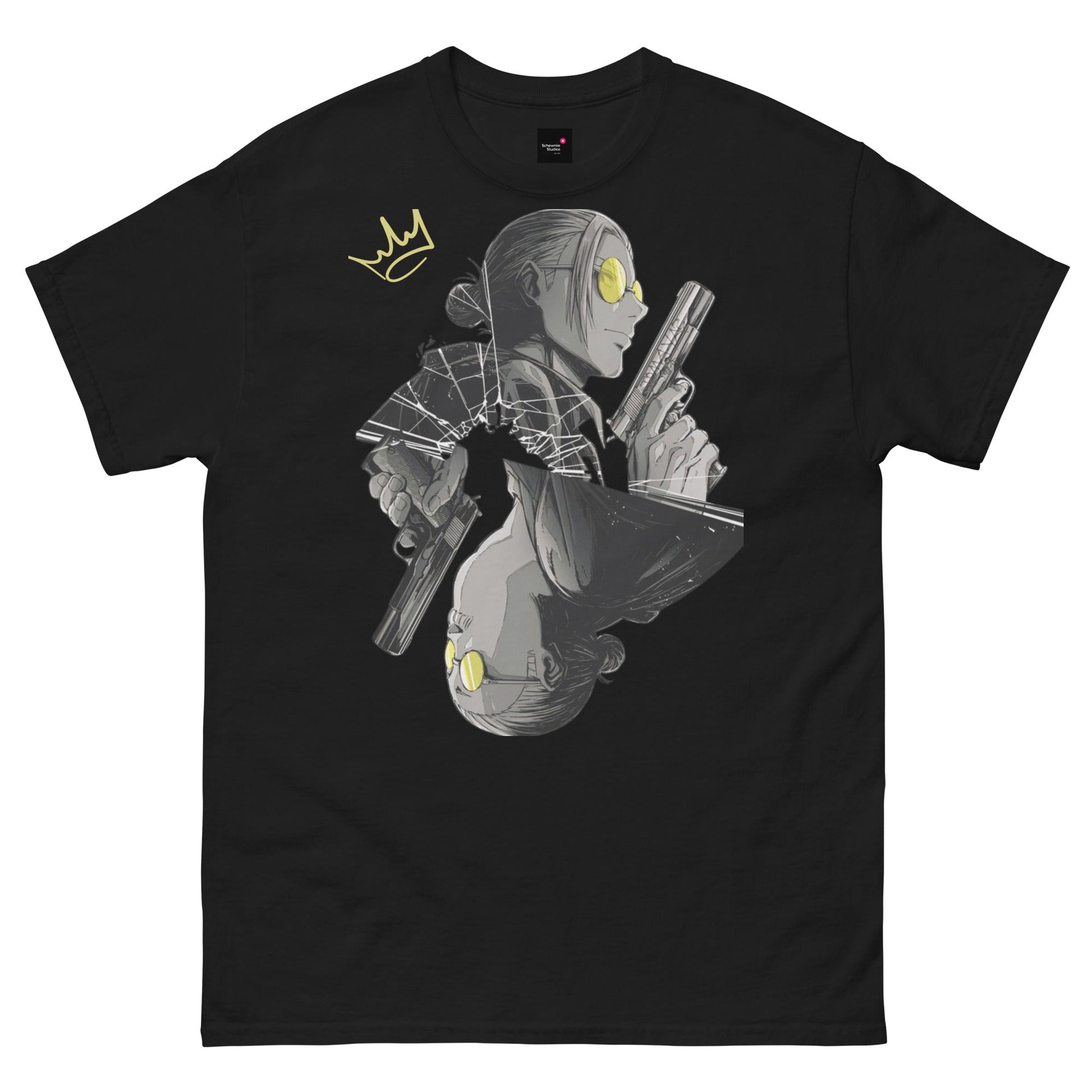 Black Taro Sakamoto T-Shirt featuring dual-profile graphic of the character holding guns and yellow crown design.